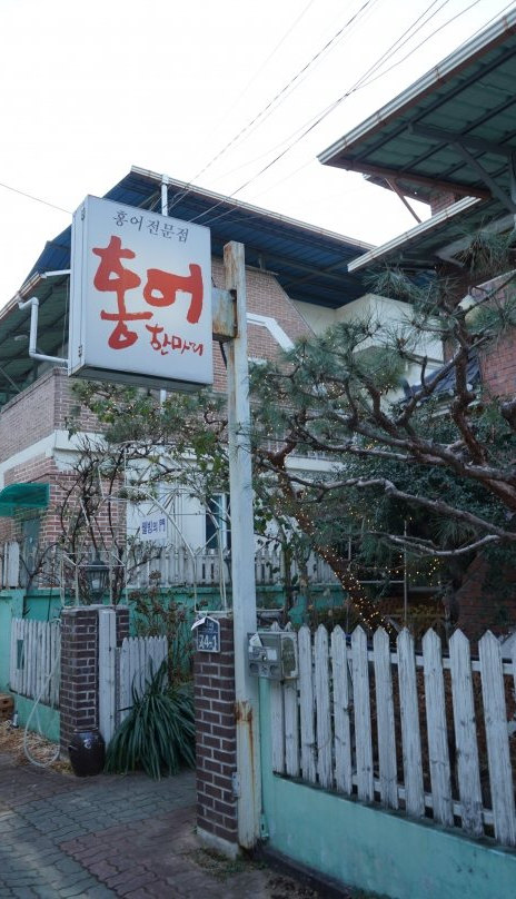 ‘홍어전문점 홍어한마리’ 돌출 간판이 걸린 벽돌 2층 집과 흰 나무 울타리, 소나무